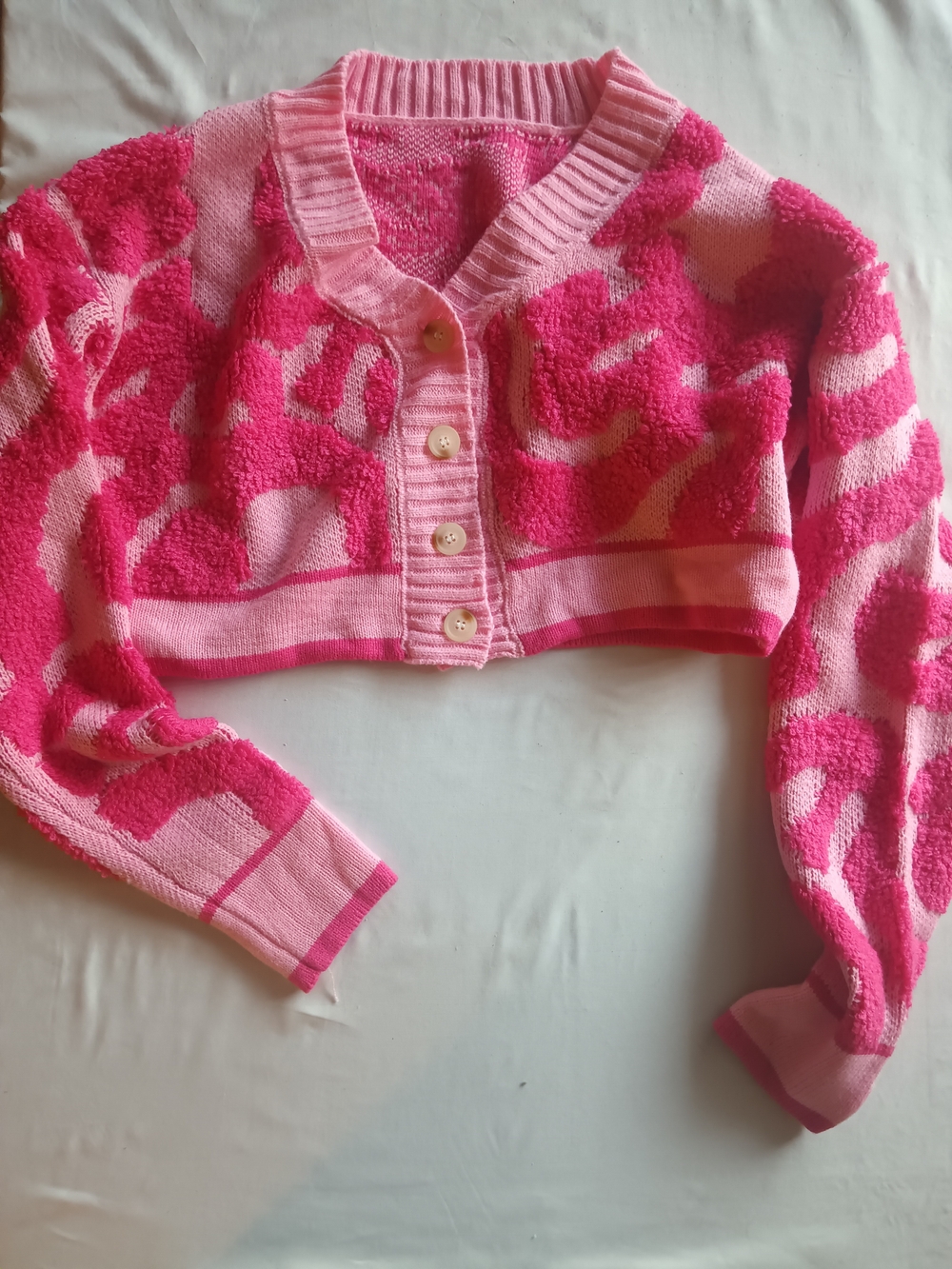 Girls' Cropped Pink Patterned Cardigan Jacket